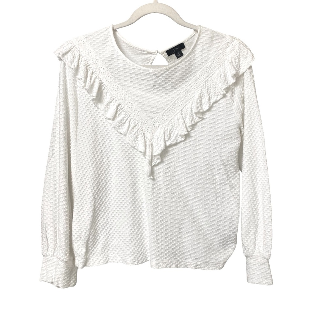 J.Crew white long sleeve textured ruffled embroidered cottagecore Top size small